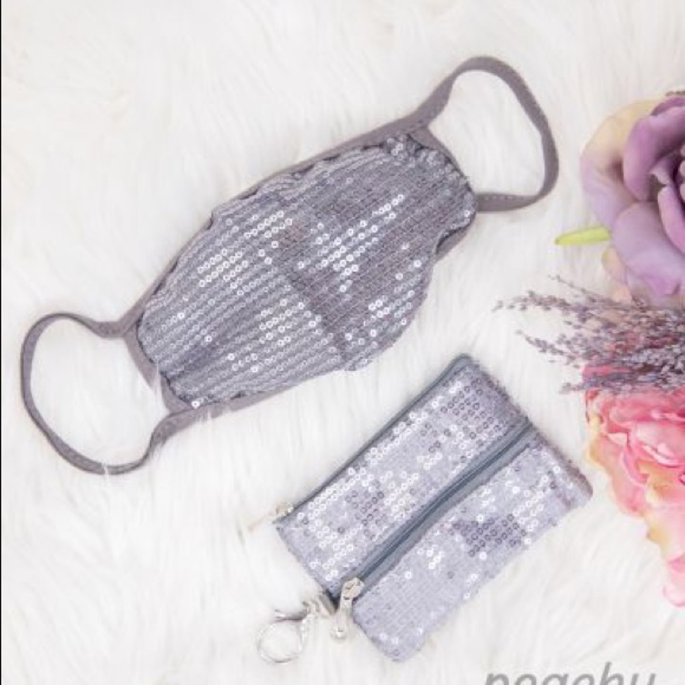 Silver Sequin Face Mask with Matching Case